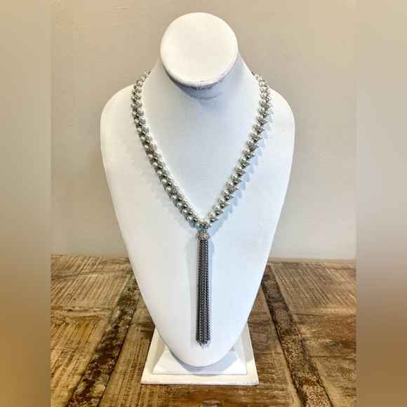 White House Black Market Jewelry - White House Black Market Silver Tone Faux Pearl Rhinestone Tassel Necklace